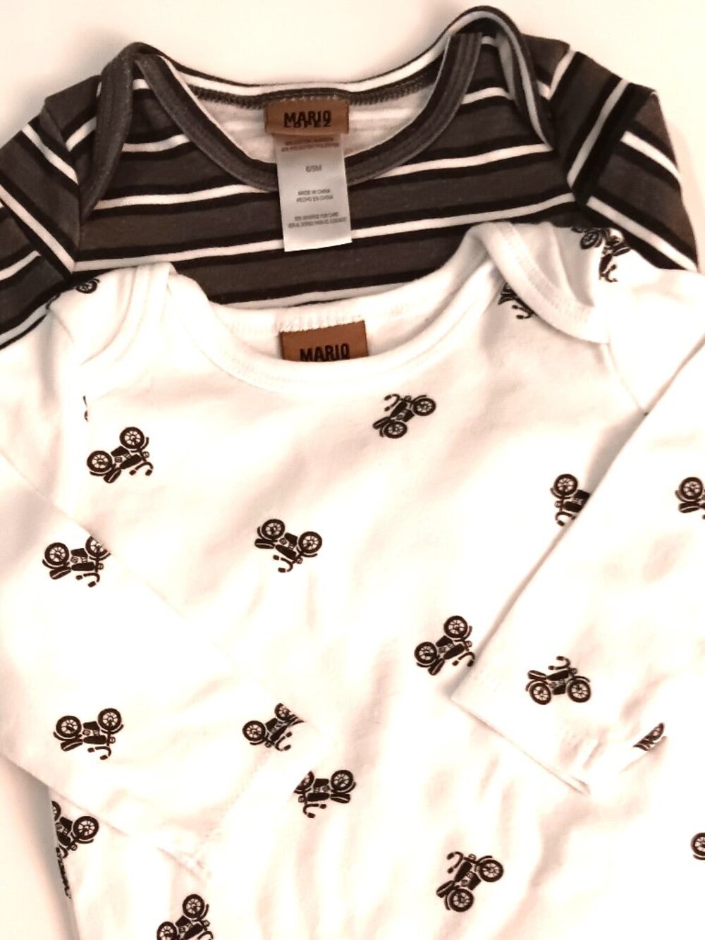 (2) Mario Lopez Long Sleeve Bodysuits - 1 Green Striped and 1 White Bikes 6/9M
